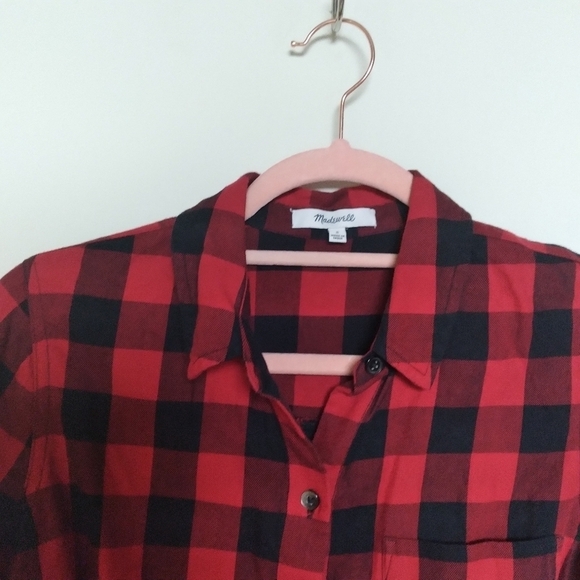 Madewell Red & Black Buffalo Plaid Tie Front Button Up Flannel Shirt Size Small - Picture 6 of 12